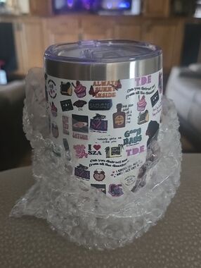 White Stainless Tumbler with Pink & Purple Sticker Collage